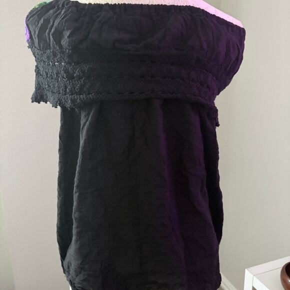 Boho Floral Embroidered Off Shoulder Peasant Top Black Crochet Festival Blouse M - Picture 9 of 10